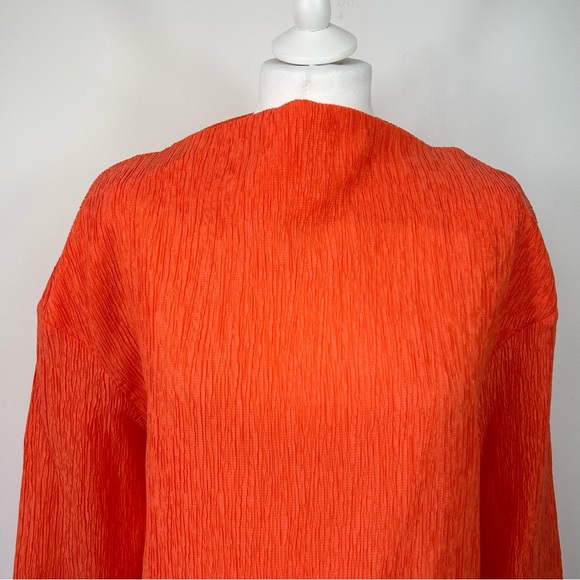 COS Orange Plisse Top Size M Long Sleeves Mock Neck - Picture 2 of 6
